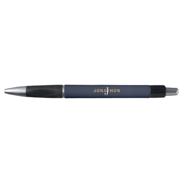 Monogram Gold Name White Initial Man Navy Pen (Front)