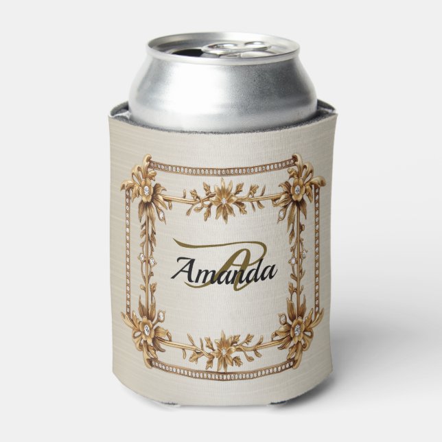 Monogram Gold Ornate Rectangle Dimond Flower Shiny Can Cooler (Can Front)