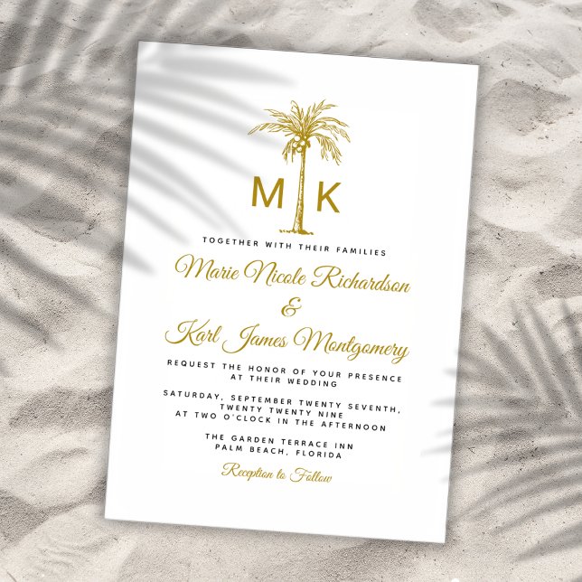 Monogram Gold Palm Tree Formal Beach Wedding Invitation (Monogram Gold Palm Tree Formal Beach Wedding Invitation)