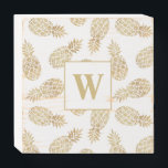Monogram Gold Pineapple Wooden Box Sign<br><div class="desc">Your monogram and gold pineapples on a square distressed wood block is a fabulous addition to your home decor to display on coffee table and  ottoman trays,  tiered trays or display on your shelves. Great as a gift,  too! Matching items in our store.</div>