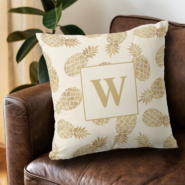 Monogram Gold Pineapples on Ivory Throw Pillow (Creator Uploaded)