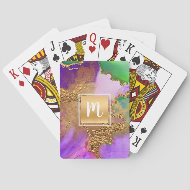 Monogram gold purple green marble watercolor bold  playing cards (Back)