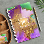 Monogram gold purple green marble watercolor chic planner<br><div class="desc">A sparkly, faux gold foil rectangle with a script typography monogram initial overlays a rich, gold veined, purple, green, aqua, and pink watercolor background on this chic, elegant, trendy, custom name yearly planner. Personalize with your initial. This planner comes in 2 sizes: small (5.5”x8.5”) and medium (8.5”x11”). Makes a fun...</div>