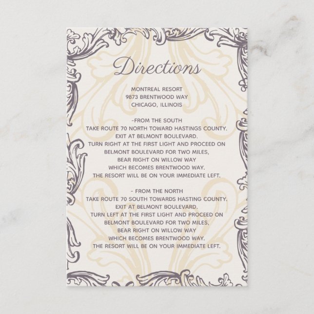 Monogram Gold Purple Vintage wedding Details card (Front)