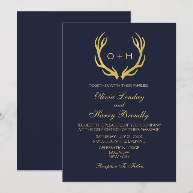 Monogram Gold Rustic Antlers Wedding Invitation (Front/Back)