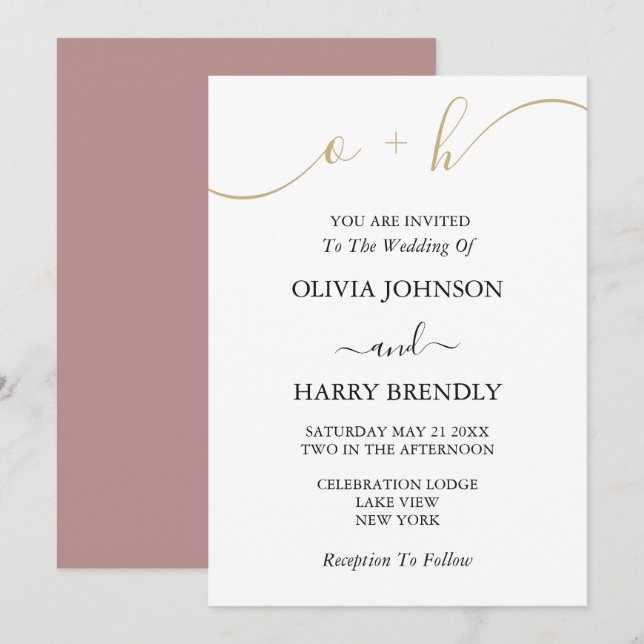 Monogram Gold Script Dusty Rose Wedding Invitation (Front/Back)