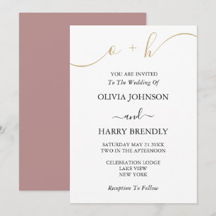Monogram Gold Script Dusty Rose Wedding Invitation