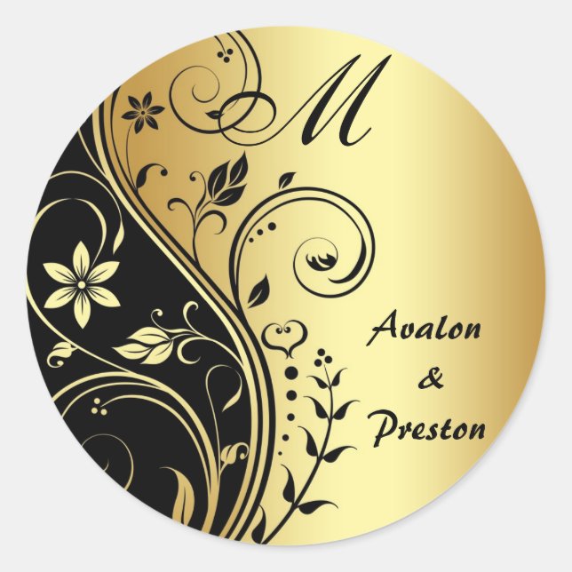Monogram Gold Scrollwork Flower Wedding Sticker (Front)