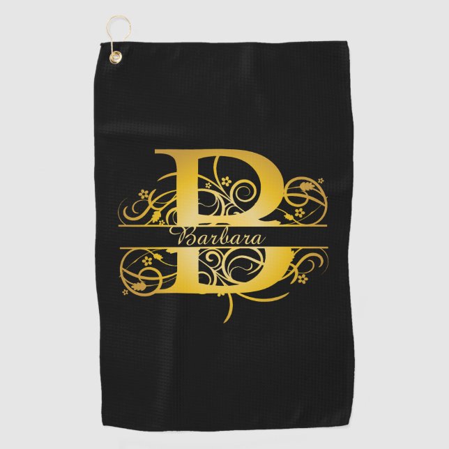 Monogram Gold Silhouette Letter B Golf Towel (Front)