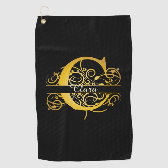 Monogram Gold Silhouette Letter C Golf Towel (Front)