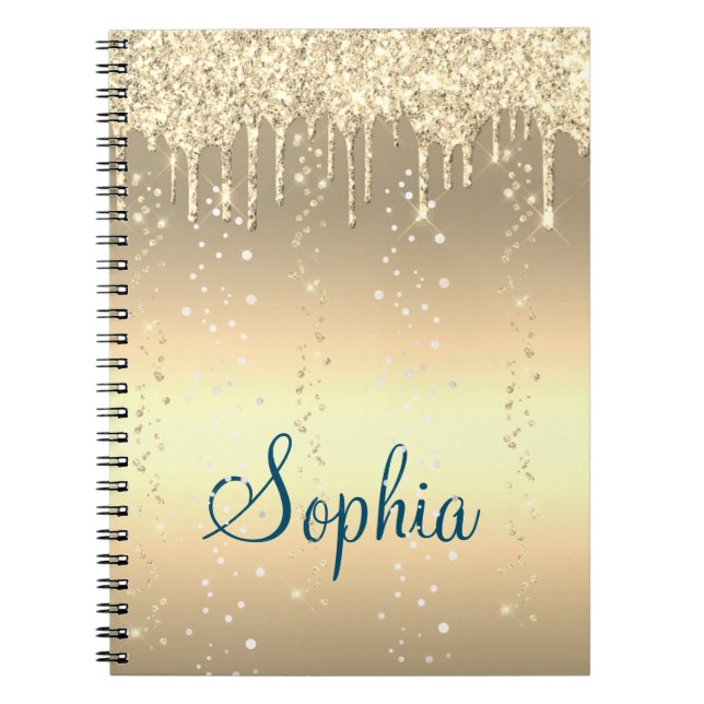 Monogram Gold Sparkle Dripping Glitter Metallic Notebook (Front)
