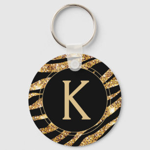 Monogram Gold Sparkle Zebra Stripe Keychain