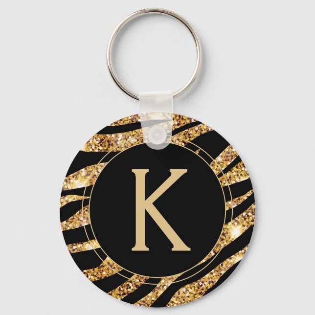 Monogram Gold Sparkle Zebra Stripe Keychain (Front)