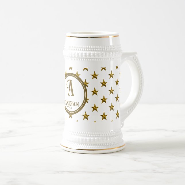 Monogram Gold Star Pattern Initial Keepsake Beer Stein (Front Right)