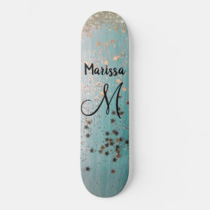 Monogram Gold Stars Glitter on Teal   Skateboard