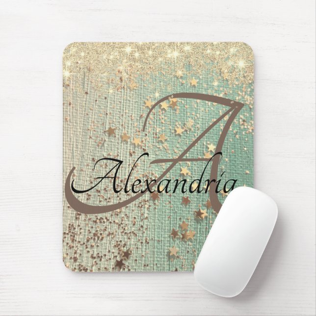 Monogram Gold Stars on Sea Green Glitter  Mouse Pad (With Mouse)