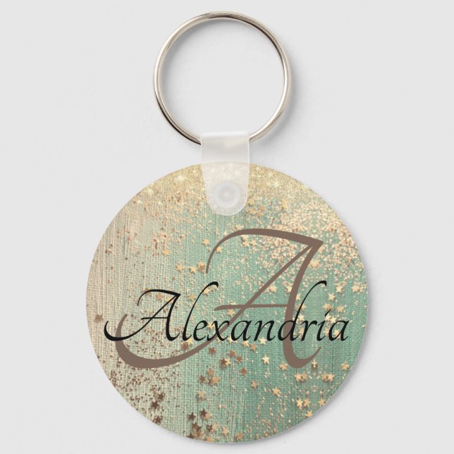Monogram Gold Stars on Sea Green    Keychain (Front)