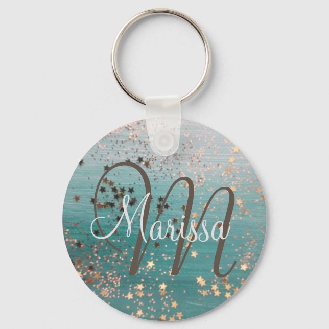 Monogram Gold Stars on Teal              Button Keychain (Front)