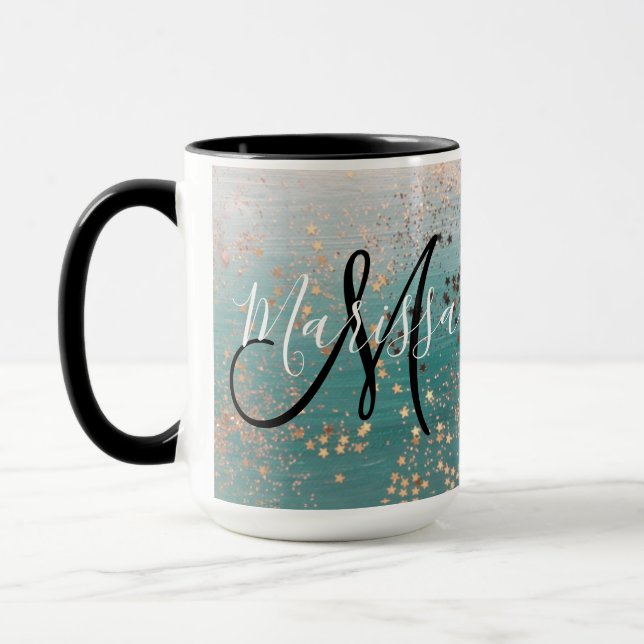 Monogram Gold Stars on Teal   Coffee Mug (Left)