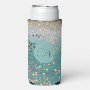 Monogram Gold Stars on Teal Seltzer Can Cooler