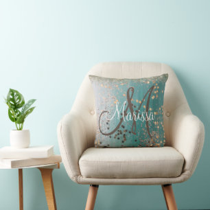Monogram Gold Stars on Teal Throw Pillow