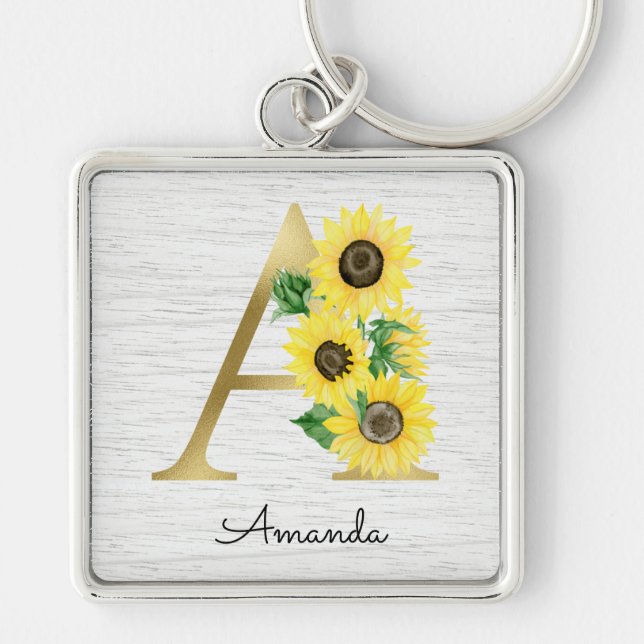 Monogram Gold Sunflower Girly Floral Initial A Keychain (Front)