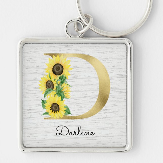 Monogram Gold Sunflower Girly Floral Initial D Keychain (Front)