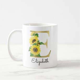 Monogram Gold Sunflower Girly Floral Initial E Coffee Mug