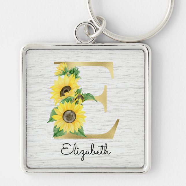Monogram Gold Sunflower Girly Floral Initial E Keychain (Front)
