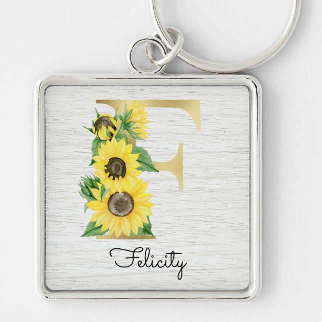 Monogram Gold Sunflower Girly Floral Initial F Keychain (Front)