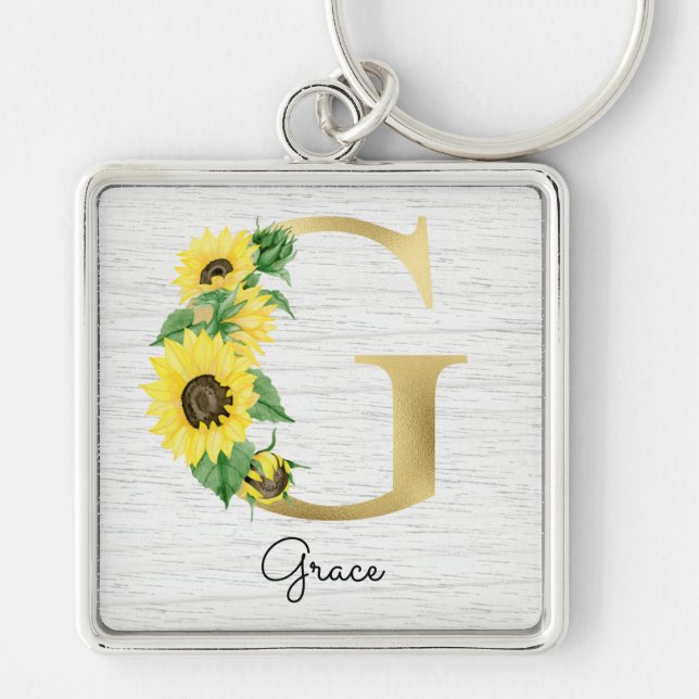Monogram Gold Sunflower Girly Floral Initial G Keychain (Front)