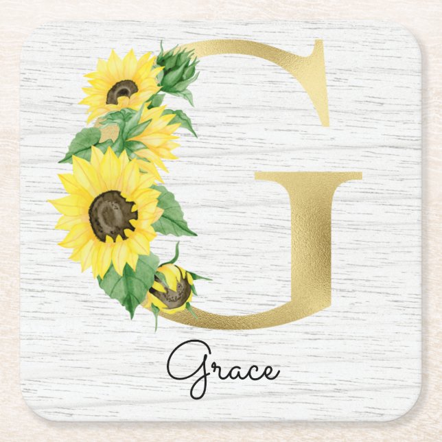 Monogram Gold Sunflower Girly Floral Initial G Square Paper Coaster (Front)