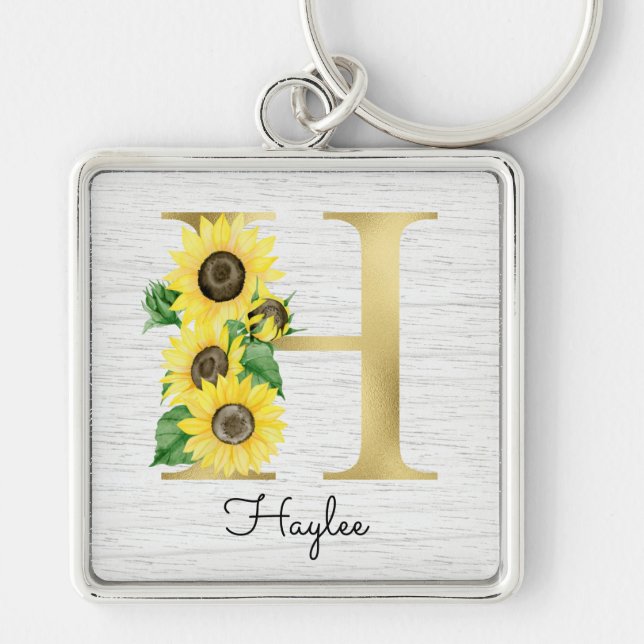 Monogram Gold Sunflower Girly Floral Initial H Keychain (Front)
