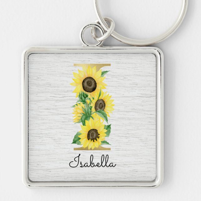 Monogram Gold Sunflower Girly Floral Initial I Keychain (Front)