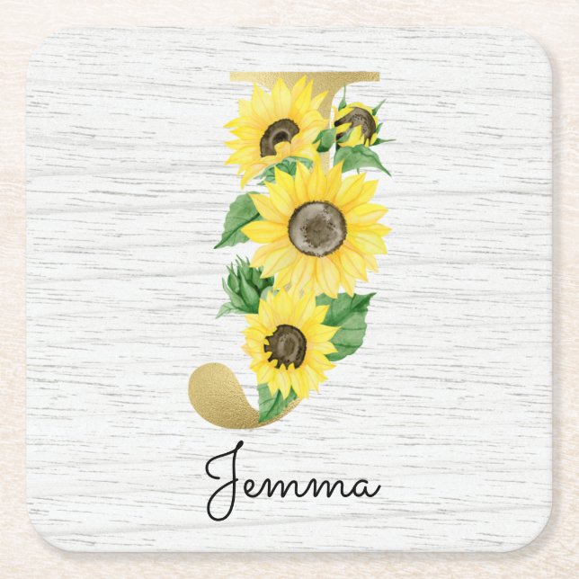 Monogram Gold Sunflower Girly Floral Initial J Square Paper Coaster (Front)