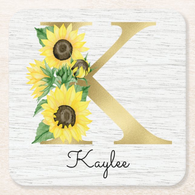Monogram Gold Sunflower Girly Floral Initial K Square Paper Coaster (Front)