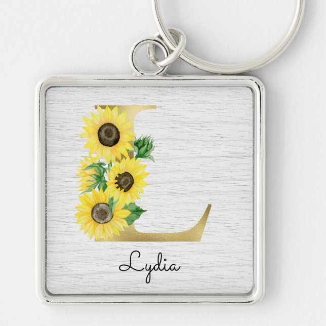 Monogram Gold Sunflower Girly Floral Initial L Keychain (Front)