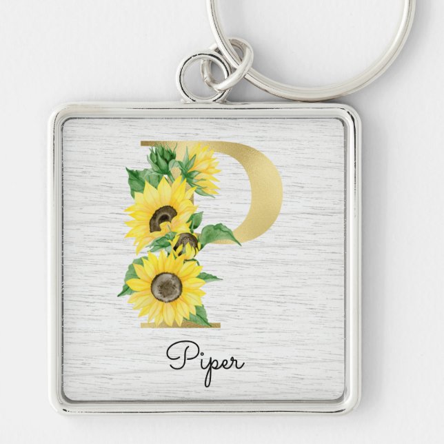 Monogram Gold Sunflower Girly Floral Initial P Keychain (Front)