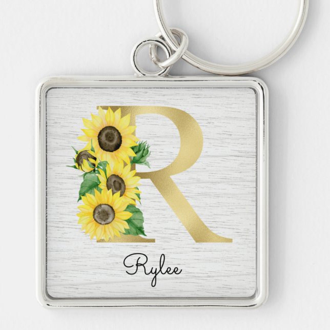 Monogram Gold Sunflower Girly Floral Initial R Keychain (Front)