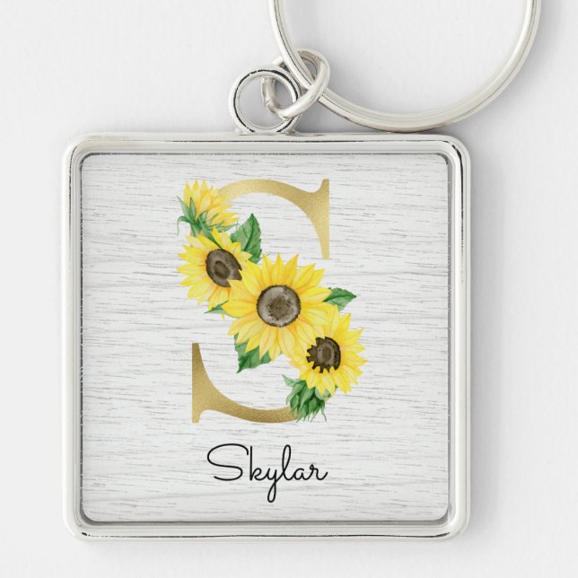 Monogram Gold Sunflower Girly Floral Initial S Keychain (Front)