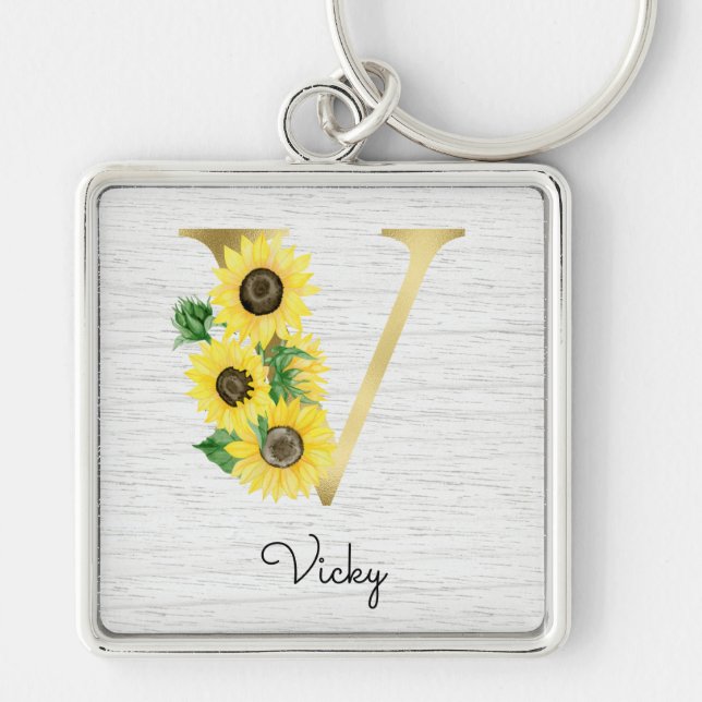 Monogram Gold Sunflower Girly Floral Initial V Keychain (Front)