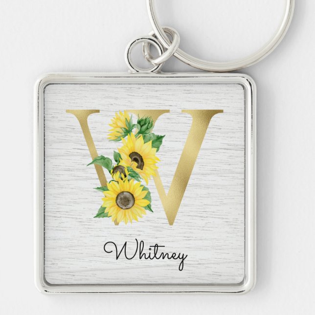 Monogram Gold Sunflower Girly Floral Initial W Keychain (Front)