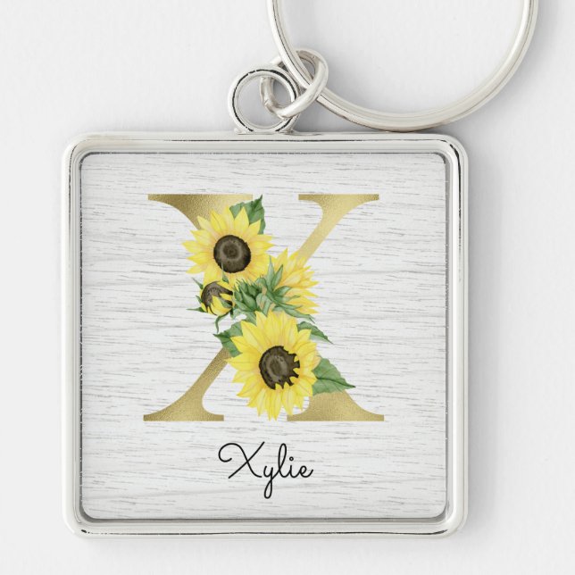 Monogram Gold Sunflower Girly Floral Initial X Keychain (Front)