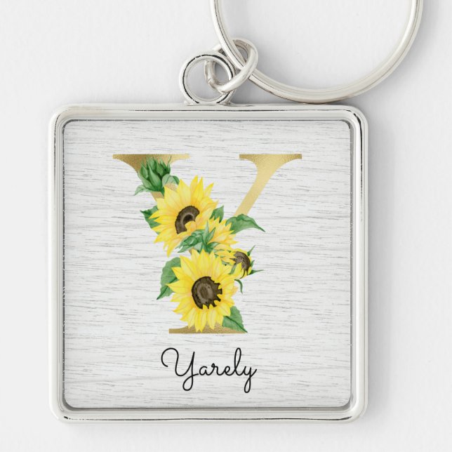 Monogram Gold Sunflower Girly Floral Initial Y Keychain (Front)