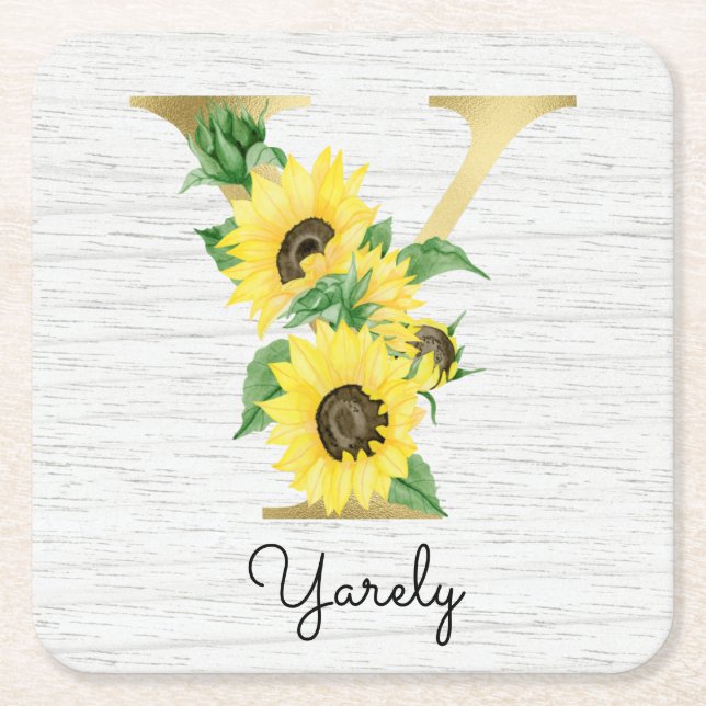 Monogram Gold Sunflower Girly Floral Initial Y Square Paper Coaster (Front)