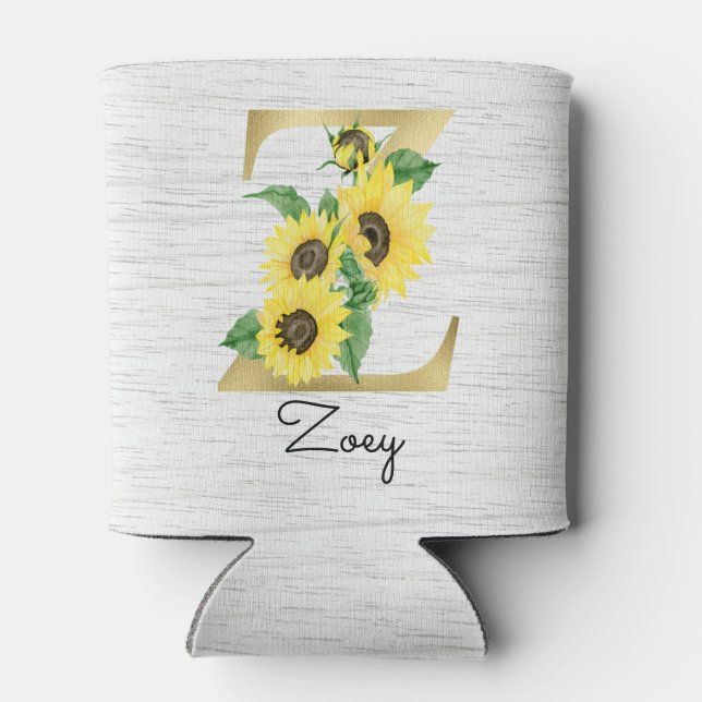 Monogram Gold Sunflower Girly Floral Initial Z Can Can Cooler (Back)