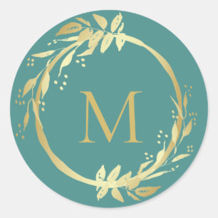 Monogram Gold Teal Christmas Wreath Envelope Seal