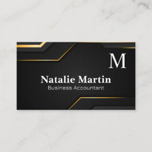 Monogram Gold Trim Black Sleek Background Business Card