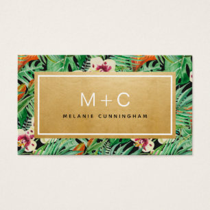 Monogram Gold Tropical Leaves Business Cards