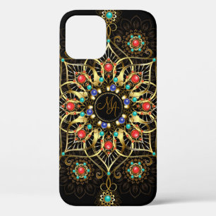 Monogram Gold Turquiose Red Mandala Jewel iPhone 12 Case